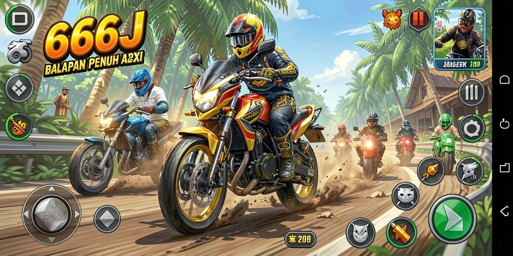Screenshot gameplay 666J menampilkan balapan motor yang seru dan kompetitif.