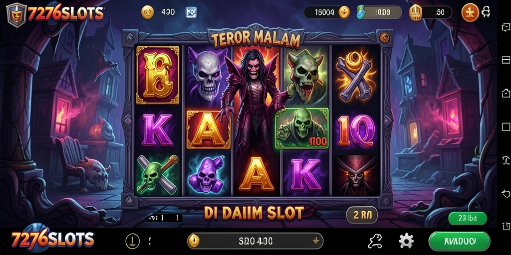 Tangkapan layar gameplay 7276SLOTS menampilkan suasana menyeramkan dan desain grafis menakutkan.
