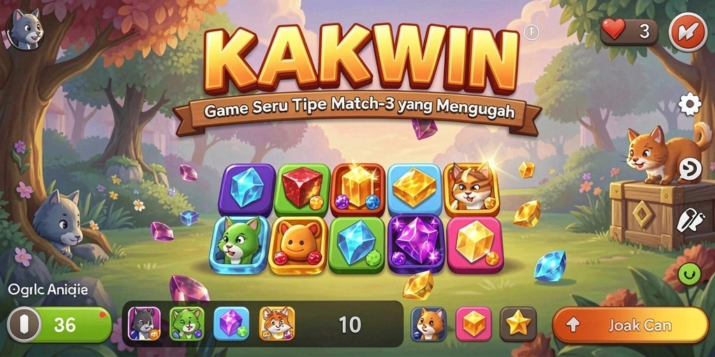 Tampilan gameplay KAKWIN dengan banyak item match-3 yang cerah dan menarik.