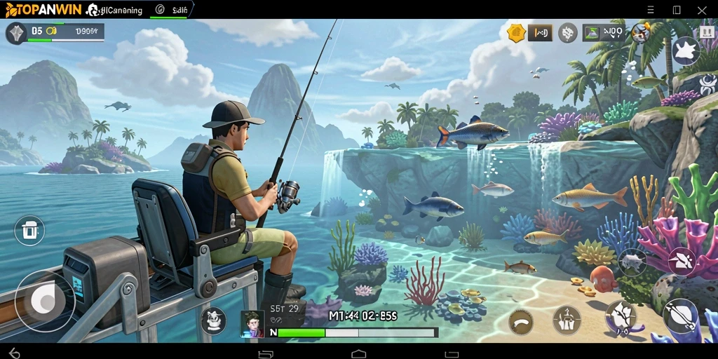 Screenshot gameplay <strong>TOPANWIN</strong> menampilkan aksi memancing yang seru dan berwarna.