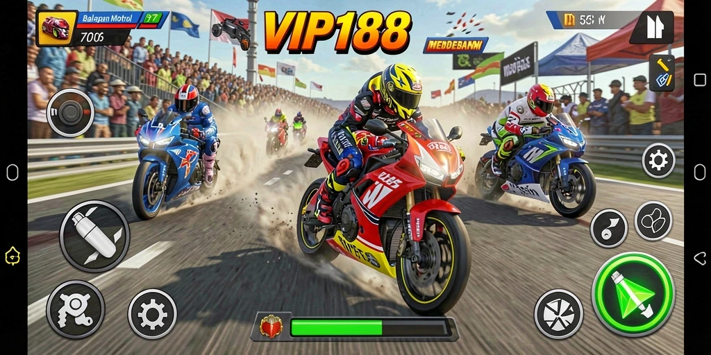Tampilan gameplay seru dan mendebarkan di VIP188 dengan suasana balapan motor.